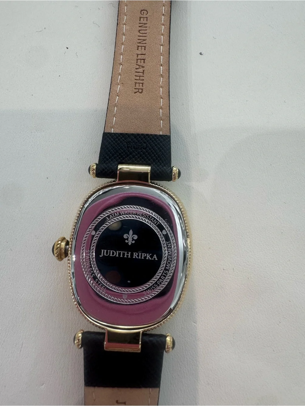 New Judith Ripka Classics Gold-Tone Moon Phase Oval Watch w/ Black Leather Strap